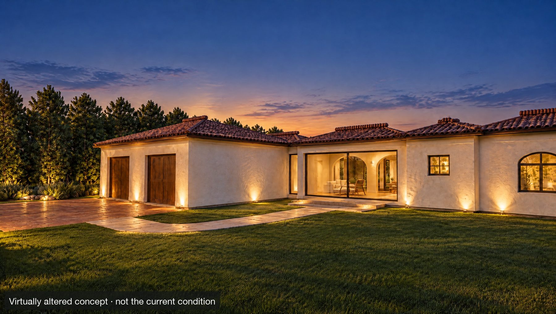 Twilight concept of the same villa: blue sky, warm windows, garden lights
