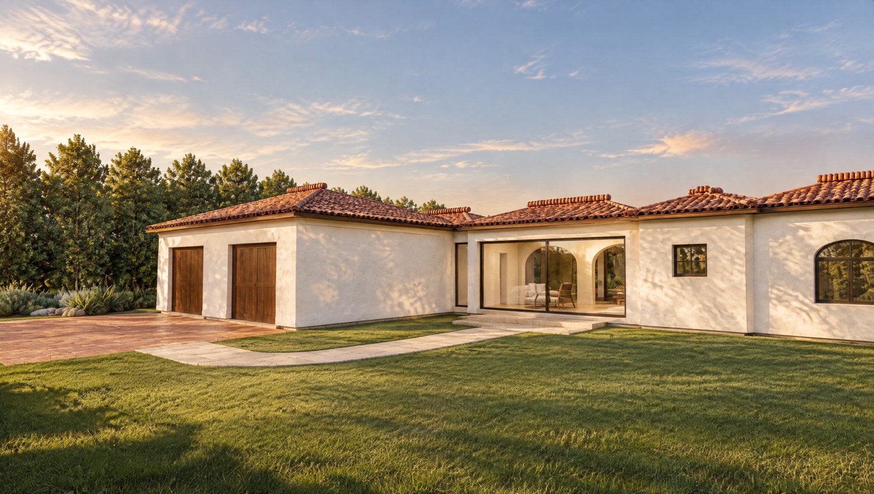 Original photo: a white villa in late-afternoon light