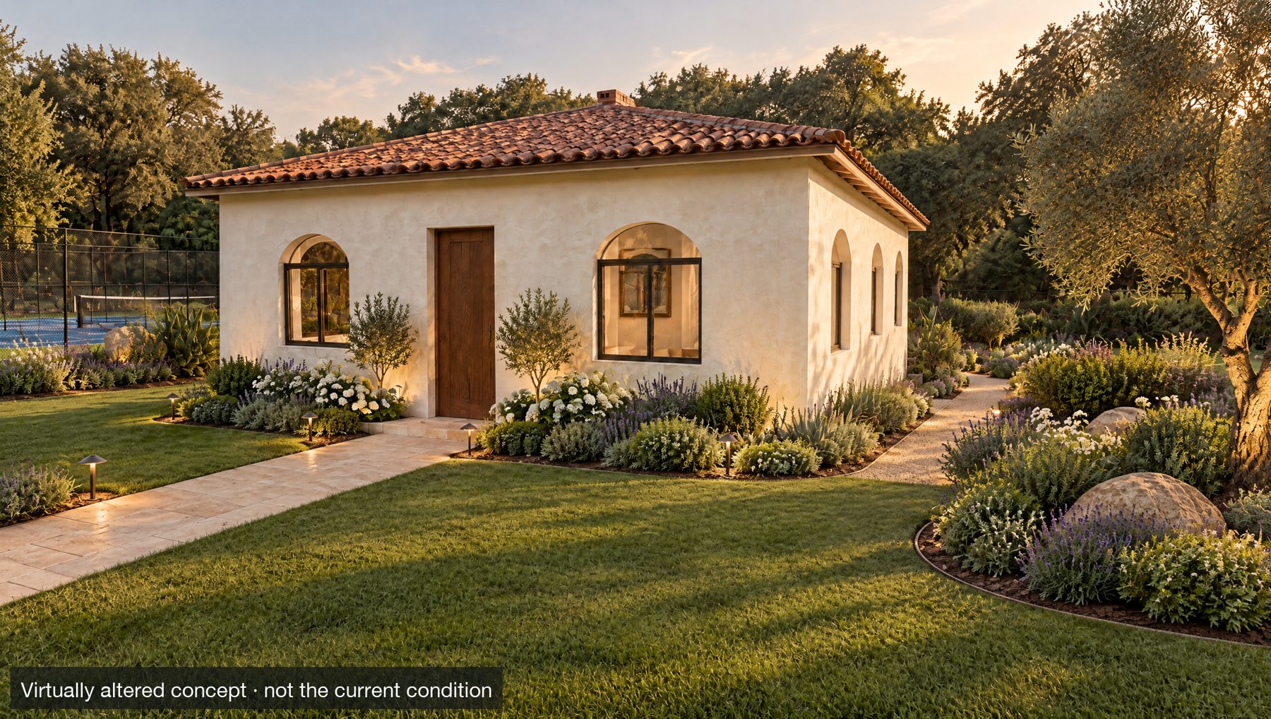 Landscape concept of the same guest house with designed planting beds and path lighting