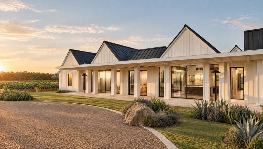 Modern farmhouse with white siding, black metal gable roofs and a deep porch