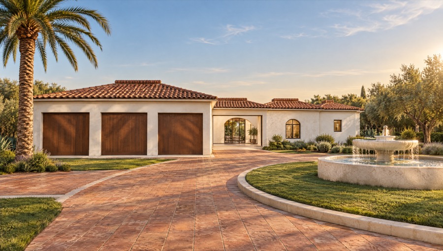 Mediterranean villa with white plaster walls and terracotta roofs behind a fountain court