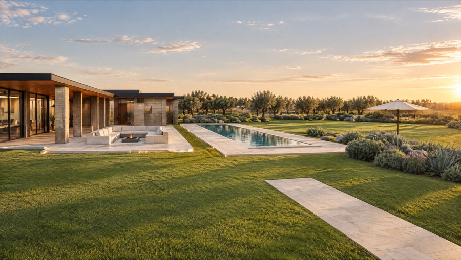 Desert modern house of concrete and glass beside a long lap pool