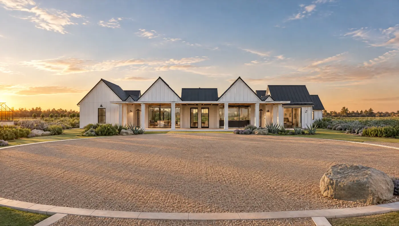 A modern farmhouse estate at golden hour, seen across its gravel motor court