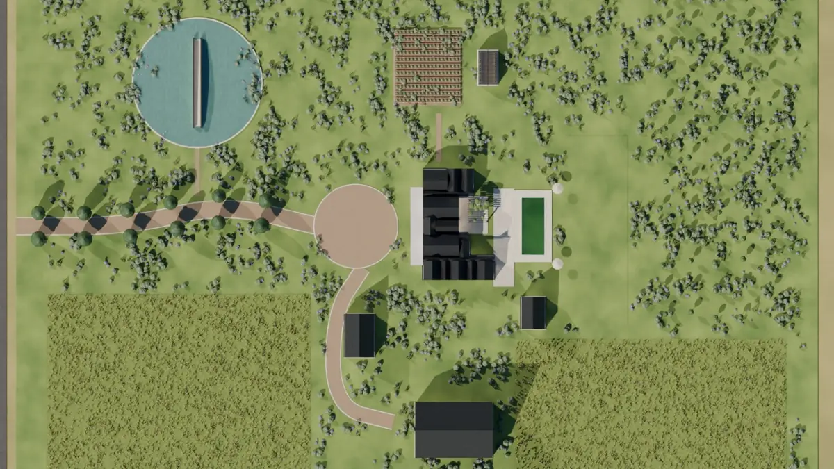 Top-down site plan of the modern farmhouse estate